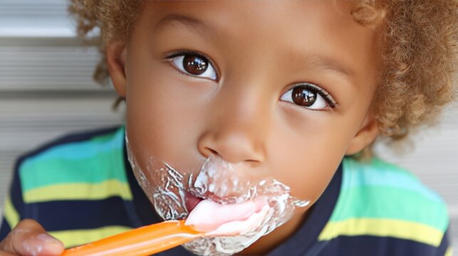 Happy young boy eating ice cream with spoon, smiling child with curly hair and striped shirt enjoying a sweet dessert moment, showing playful expression, summer treat, and joyful childhood concept.