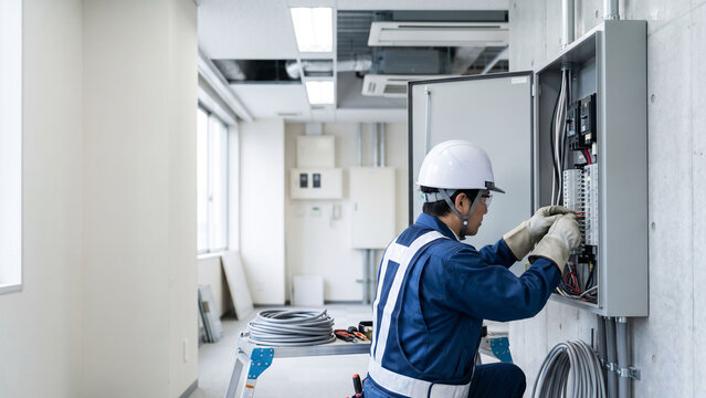 工事中の建物内で分電盤の配線作業を行うヘルメット姿の電気工事士と設備点検の現場イメージ