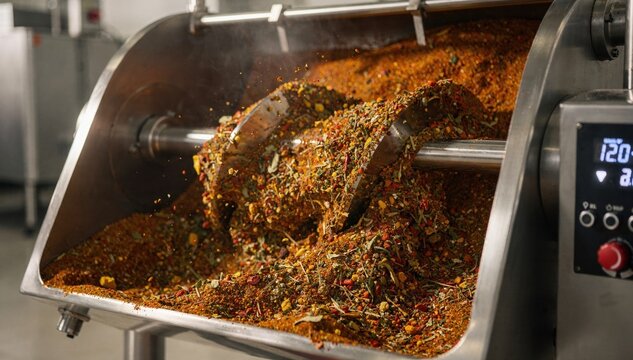 Close medium shot of jacketed ribbon mixer gently homogenizing multispice recipes with temperature control enhancing aroma and texture.