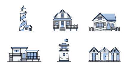 Fototapeta premium Coastal Buildings Icons: Lighthouse, Houses, Beach Huts - Vector Set