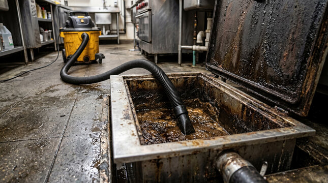 Cleaning Scene Of A Kitchen Grease Trap Showing A Wet Dry Vacuum Hose Positioned Inside