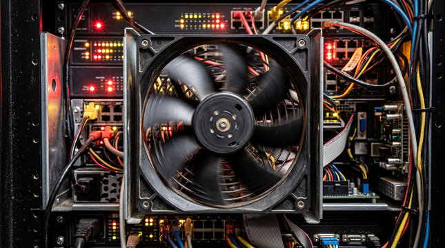 Close Up View of Industrial Cooling Fan Inside Server Rack Chassis Spinning Frantically Online Data