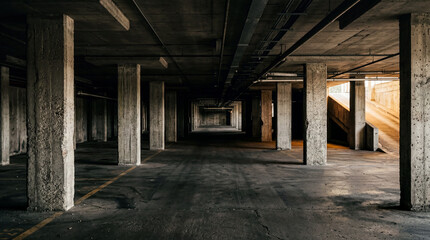 Naklejka premium Cavernous Empty Parking Basement With A Low Ceiling And Rough Aggregate Concrete Columns At Night