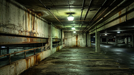 Obraz premium Weathered Industrial Parking Structure With Rust Colored Stains Bleeding Down Damp Grey Concrete Urban Walls