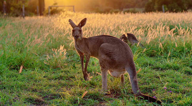 Sunset Across The Grass With Two Kangaroos In The Foreground