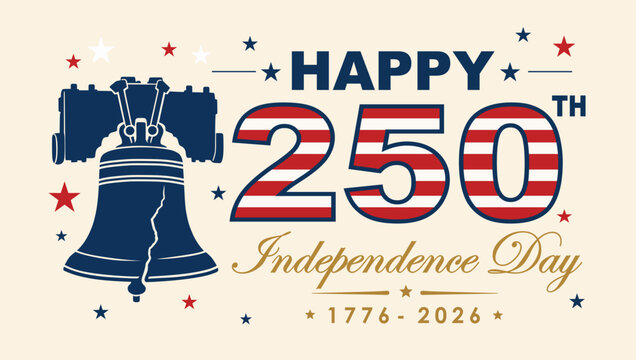 USA 250th Independence Day banner template. Features a detailed silhouette of the Liberty Bell, bold red and white flag-striped numbers, and patriotic stars for July 4th, 2026.