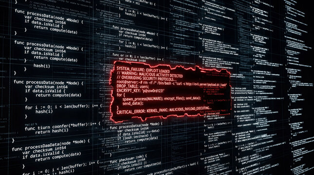 Multi Layered Visual Of Cascading Lines Of Code Where A Distinct Glowing Red Marker Appears