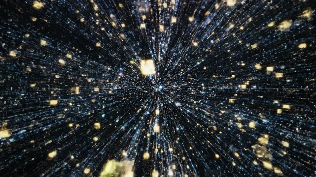 Dynamic cosmic explosion visuals showcasing vibrant light bursts and star-like sparkles in a fast-paced animated sequence