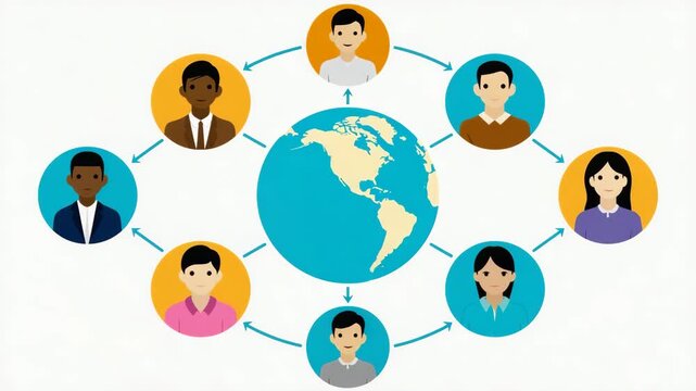Global Social Network Connections Around Earth with Diverse People in Flat Vector Animation
