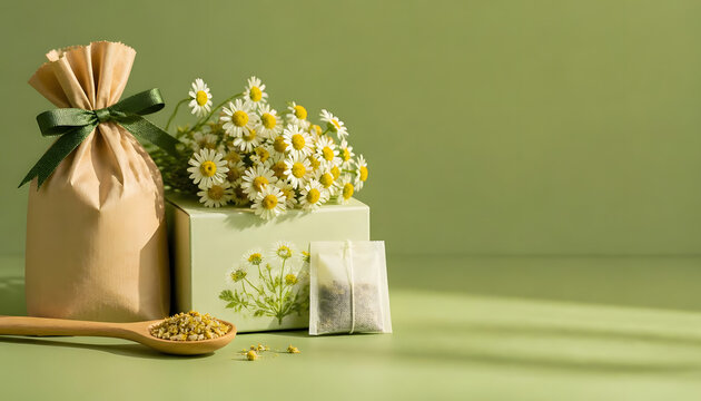 chamomile herbal tea eco branding  flat lay with copy space,  minimal  chamomile tea packaging scene on lucite green background