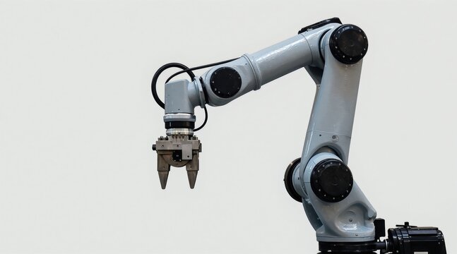 Industrial robot arm with gripper end effector. Mechanical arm for assembly and manufacturing automation. High tech precision machinery for factory production. Modern robot systems.
