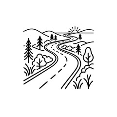 Obraz premium Winding road through hills with trees and sun illustration design
