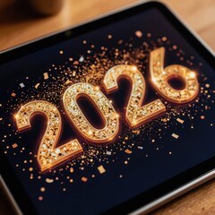 Obraz premium Golden 2026 numbers sparkle on tablet screen with falling confetti. Festive digital display shows New Year celebration. Modern tech countdown party concept.