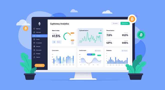 Cryptocurrency Analytics Dashboard Interface on Desktop Monitor