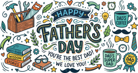 Fototapeta premium Happy father's day greeting with hand drawn icons and lettering