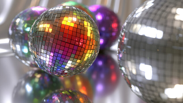 Disco balls in vibrant colors against a backdrop of silver.