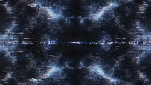 Dynamic abstract visual sequence resembling cosmic phenomena and digital distortions visualized in frames capturing swirling
