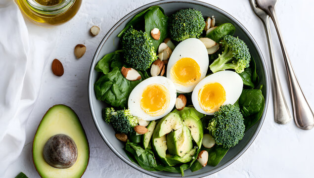 A bowl of avocado salad featuring boiled eggs, broccoli, spinach, and almonds is on a white backdrop. An aerial view.
