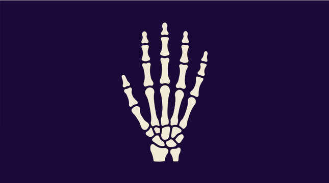 Human hand skeleton illustration on dark background showing bones and joints anatomy in flat minimal style