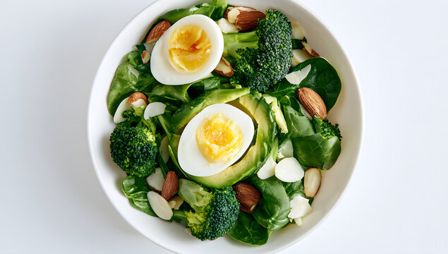 A bowl of avocado salad, containing boiled eggs, broccoli, spinach, and almonds, set against a white background. Shot from above.