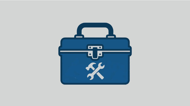 Blue toolbox icon with crossed wrench and hammer tools on light gray background for maintenance and repair concepts