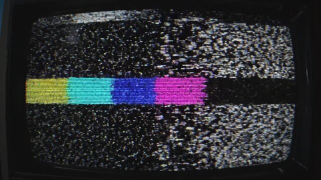 Series of Vintage Television Screens Displaying Static and Color Bar Tests in Different Frames