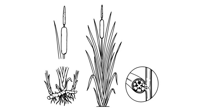 Cattail plant illustration, showing different parts like the head, leaves, roots, and stem detail