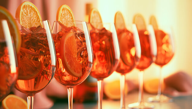 A selection of Aperol Spritz cocktails, each topped with an orange slice, displayed in chic glasses, against a backdrop of soft, warmth.