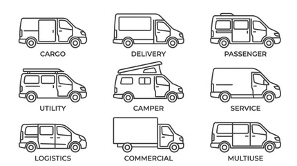 Obraz premium A comprehensive collection of outline vector icons representing diverse types of modern transport vehicles for professional logistics and commercial fleet management