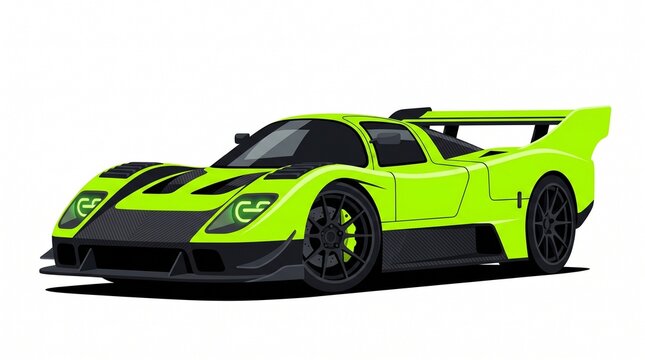 Modern Lime Green Sports Car with Black Accents and Large Rear Wing on White Background