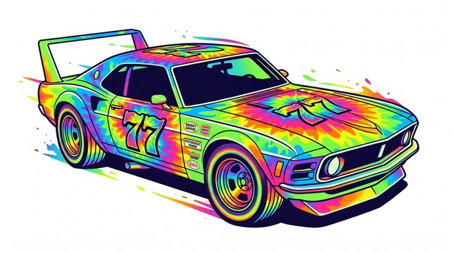 Retro Race Car with Psychedelic Tie Dye Paint Job and Number 77