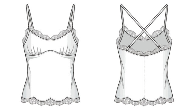 Fashion flat sketch of a camisole with crisscross straps at the back, detailed with lace trim along the neckline and hem. This design showcases the front and back view of a stylish garment.