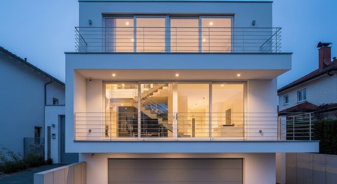 Elegant modern white house facade with warm interior lighting.