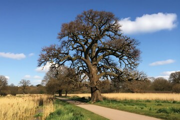 Obraz premium Majestic old oak tree stands tall in spring park. Bare branches reach towards blue sky with clouds. Path leads through dry reeds beside green grass.