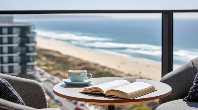 Relaxing Ocean View Balcony with Coffee and Book.