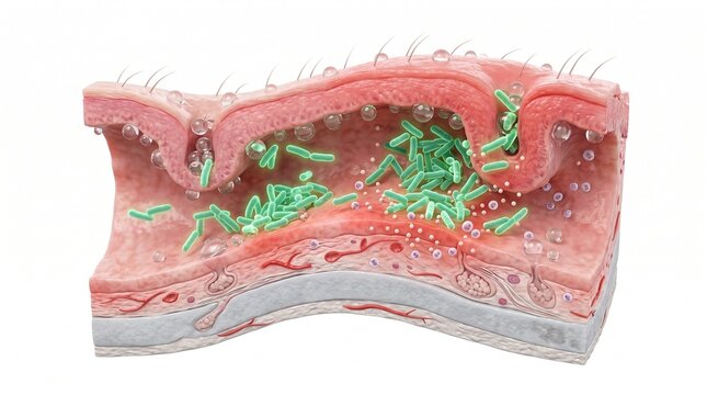 3D Microscopic Diagram of Bacterial Infection in Swimmer's Ear