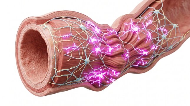 3D Microscopic Diagram of Enteric Nervous System Spasms in Irritable Bowel Syndrome