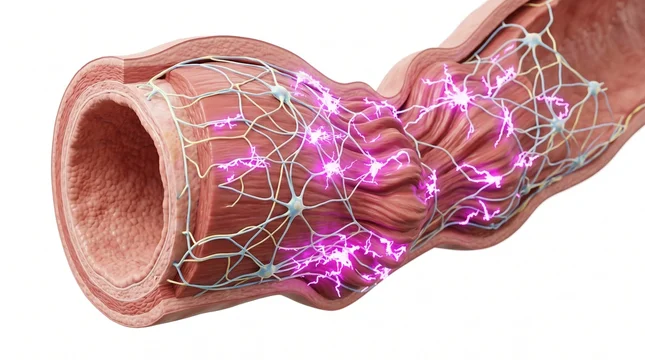 3D Microscopic Diagram of Enteric Nervous System Spasms in Irritable Bowel Syndrome