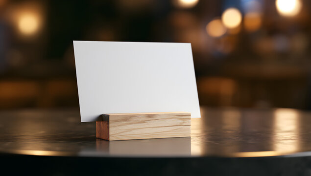 A diminutive white card perched on a wooden base, set against a backdrop of darkness, with an indistinct scene. Perfect for promotional displays, pricing information, or table reservations in an invit
