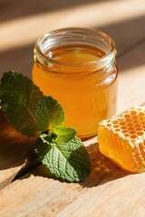 Obraz premium Glass jar holds golden honey next to fresh mint leaves and honeycomb piece. Natural sweet liquid, mint herb and honeycomb texture bathed in sunlight on wooden surface.