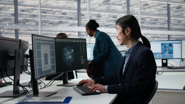 Asian man using AI in microchip factory office to optimize hardware, senior manager training AI model in R&D in research lab, improving manufacturing efficiency for semiconductor research.