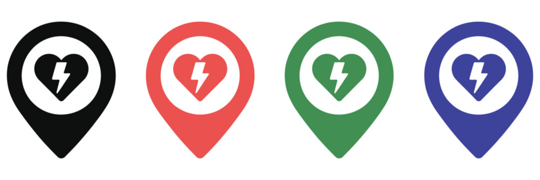 automated external defibrillator aed emergency icon set heart and lightning bolt medical rescue symbols, bold flat vector design for healthcare cpr and life saving signage, emergency response