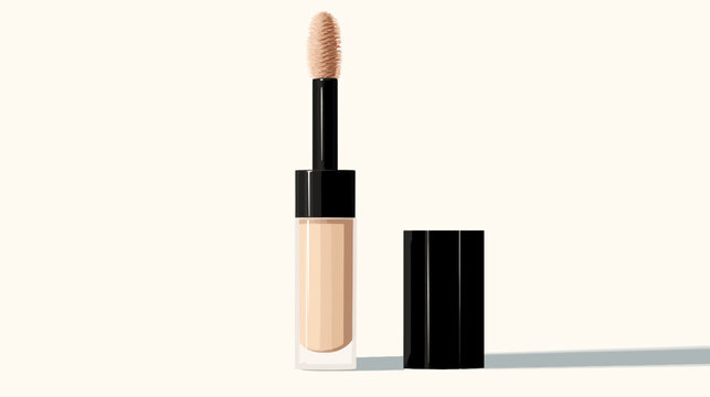 Minimal beige lip gloss with black cap, gloss wand lifted over pale backdrop hue