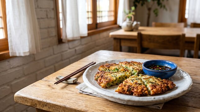 Pindae-tteok (Korean mung bean pancake) on a handmade white ceramic plate