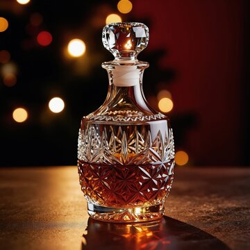 Crystal decanter filled with amber liquid sits on table. Festive bokeh lights create warm atmosphere. Luxury spirit container for special occasions and celebrations. Perfect for bar setup.