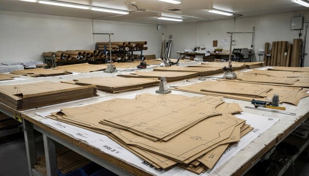 Workwear pattern drafting in a spacious grading room with large tables covered in robust paper patterns emphasizing durability and size variations for industrial garments.