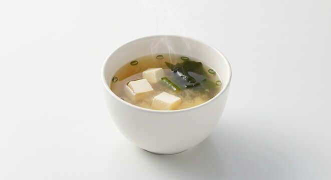 Warm inviting miso soup steaming gently in a white cup against a clean bright studio background. AI Generated