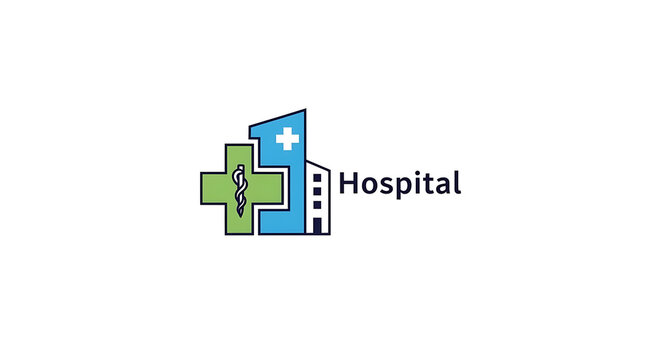 Vector illustration of a modern hospital logo icon with medical cross and building symbols for healthcare services and clinics