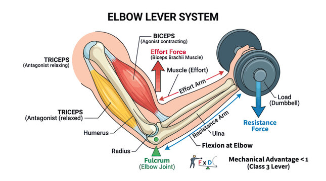 Elbow Lever System Diagram: Biceps, Triceps, Hum&eacute;rus, Radius, Ulna, Dumbbell