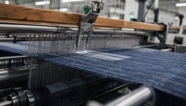 Medium shot of a robotic loom adjusting heddles and beams to create an intricate denim weave highlighting precision automation in textile manufacturing.